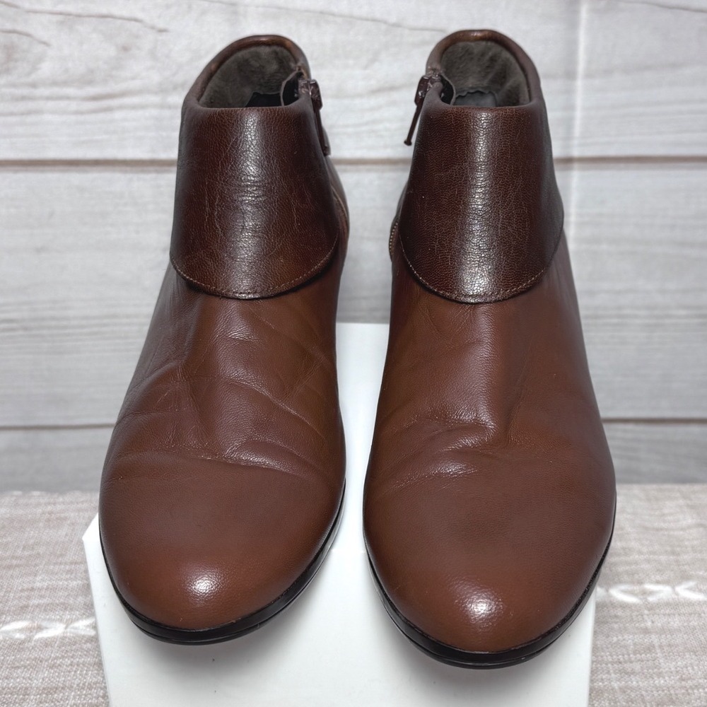Munro American Womens Brown Leather Ankle Boots Side Zip Block Heel Shoes‎